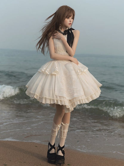 Creamy Delicate Embroidery Detail Classic Lolita Backless Halter Neck Dress