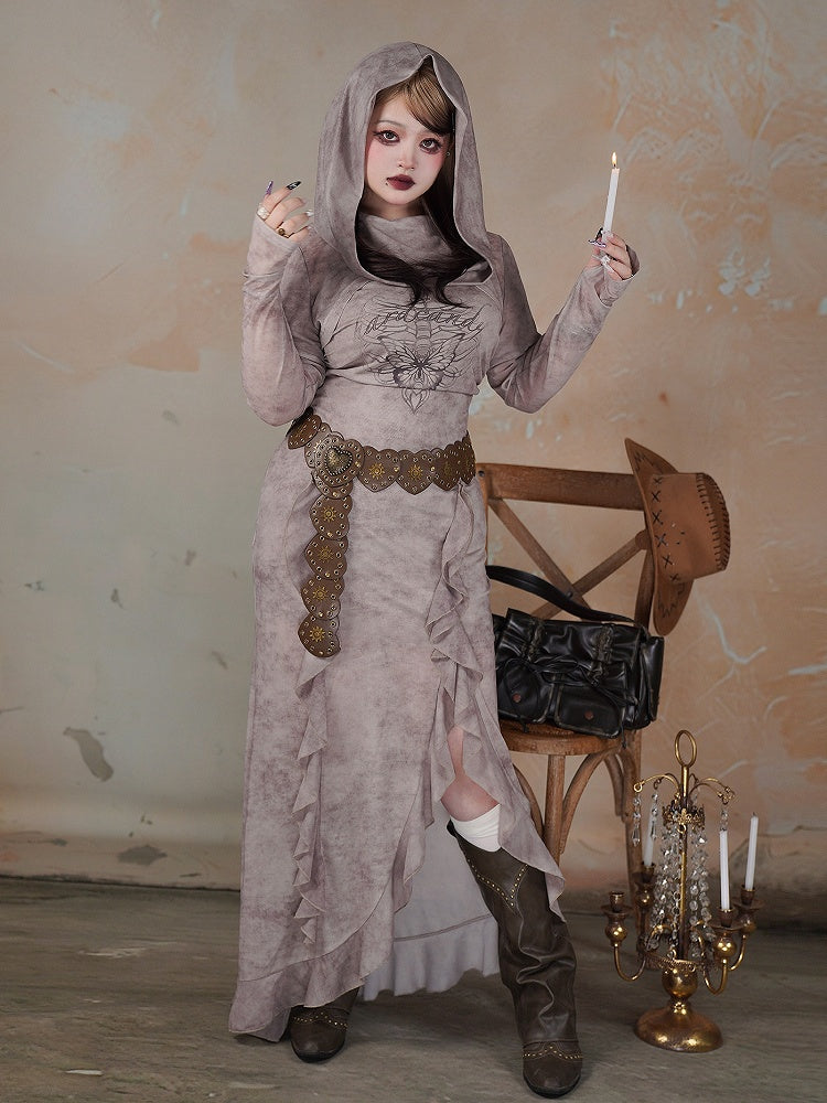 Plus Size Gray Butterfly Skeleton Print Wasteland Punk Side Slit Dress