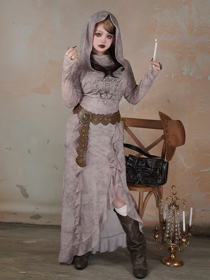 Plus Size Gray Butterfly Skeleton Print Wasteland Punk Side Slit Dress