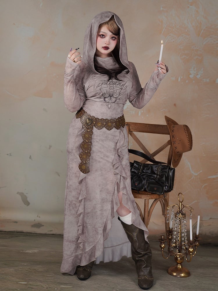 Plus Size Gray Butterfly Skeleton Print Wasteland Punk Side Slit Dress