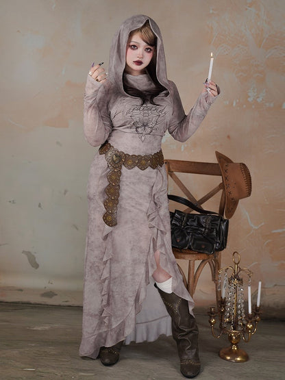 Plus Size Gray Butterfly Skeleton Print Wasteland Punk Side Slit Dress