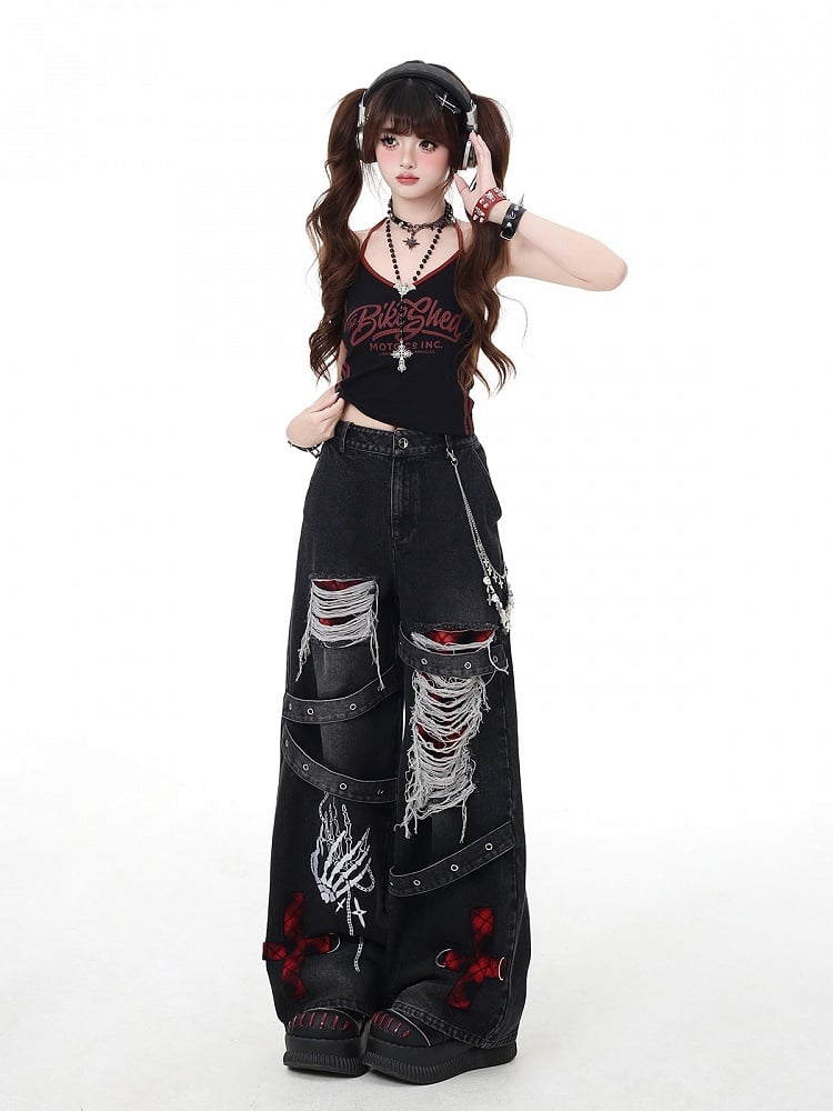 Grey/Red Plaid Faded Wash Distressed Holes Vintage Punk Wide-leg Jeans