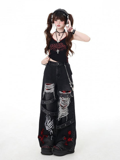 Grey/Red Plaid Faded Wash Distressed Holes Vintage Punk Wide-leg Jeans