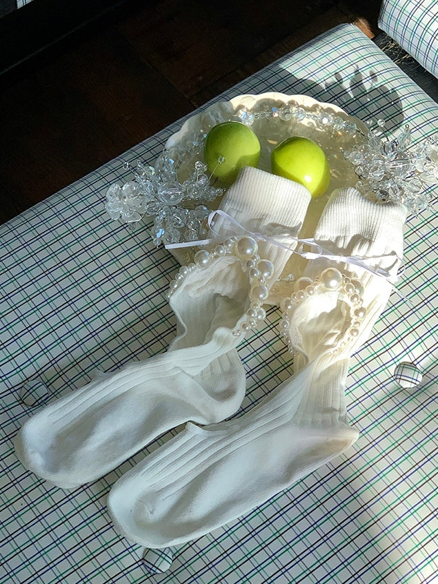 Black/White Cut-out Design Bowknot And Beaded Decorated Calf Socks