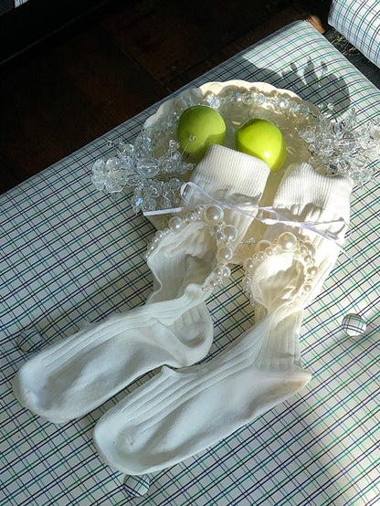 Black/White Cut-out Design Bowknot And Beaded Decorated Calf Socks