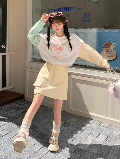 Green and Yellow Colorblock Design Teddy Bear Print Drawstring Hem Autumn Sweatshirt