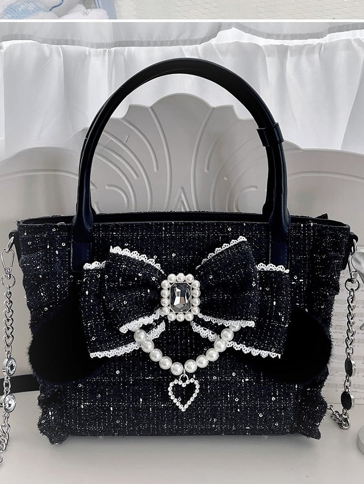 Elegant Black Ruffled-Edge Lolita Bag - Detachable Beaded Chain & Rhinestone Decor Bow Embellishment with Plush Bunny Ear