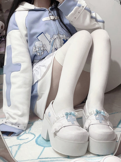 Tenshi Kaiwai Light Blue Yami Kawaii Cross Bowknot Platform Loafers