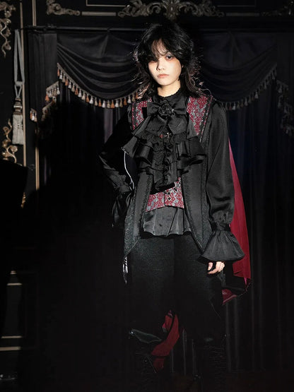 Clearance-Black and Red Prince Outfit Ouji Lolita Full Set -Size M for Bust 98CM Black Long Sleeves Shirt + Waist 74CM Waistcoat + Waist 70-74CM Black Pants