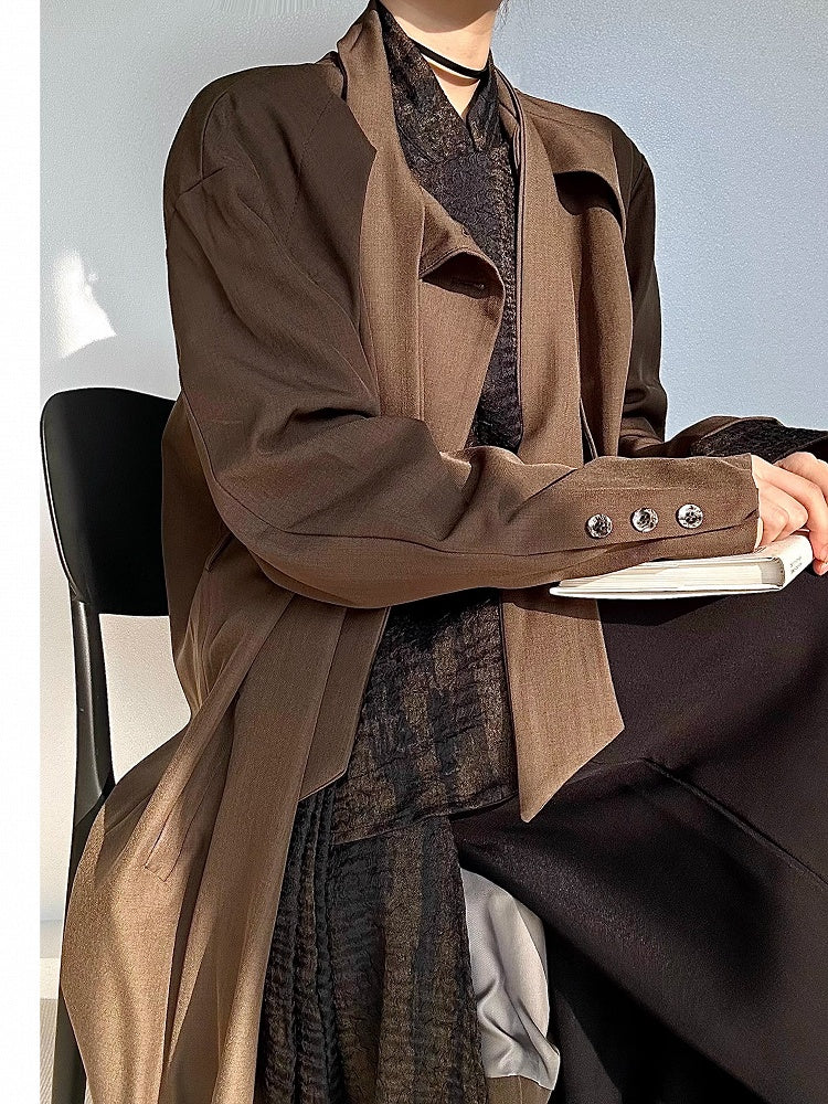 Ouji Lolita Coffee Vintage Long Trench Coat with Tie Neck & Button Cuffs