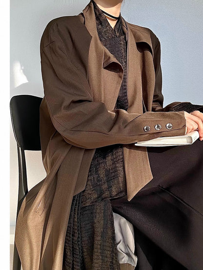 Ouji Lolita Coffee Vintage Long Trench Coat with Tie Neck & Button Cuffs