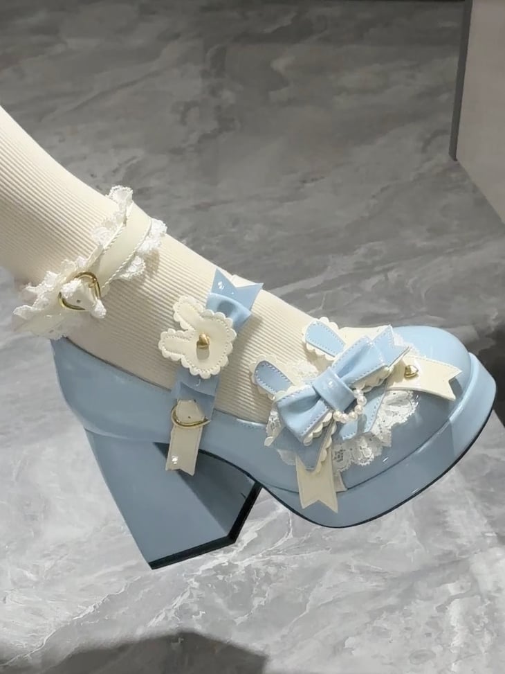 Polished Blue Sweet Lolita Bunny Decorated Bowknot Details Lace Trim Platform High Block Heels