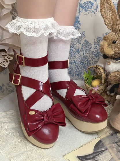 PU Red Sweet Lolita Platform Mary Janes - Crisscross Straps with Wood Grain Sole & Bow at Top