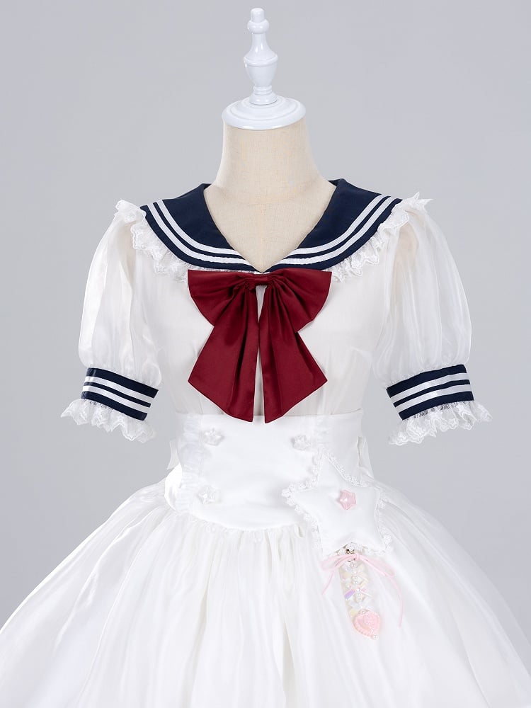 Jirai Kei Summer Sailor Collar Short Sleeves Blouse with Red Bowtie Snow White Vibes