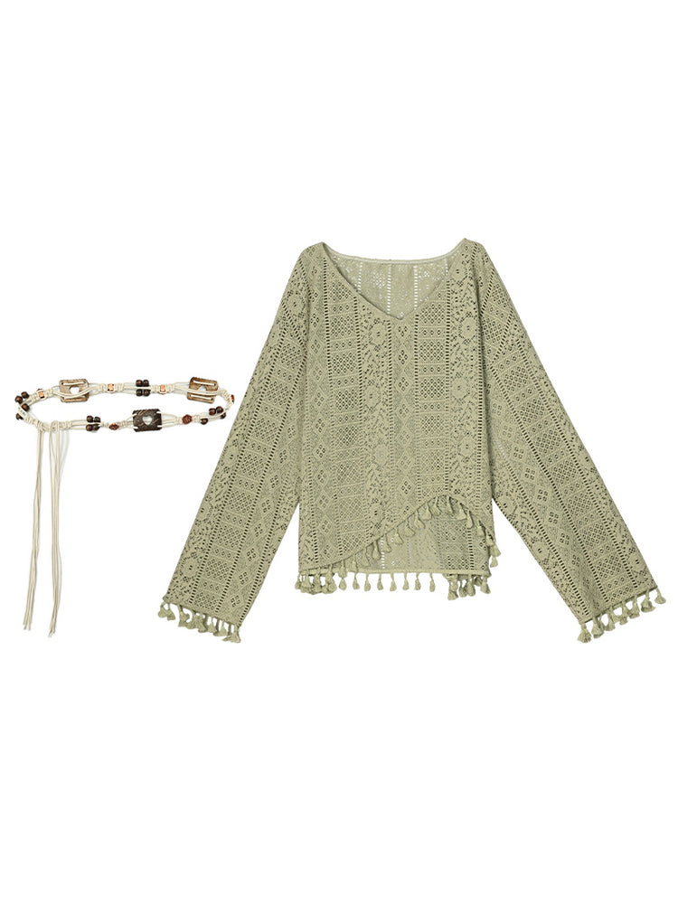 Bohemian Green V-neck Tassels Hem Top with Belt