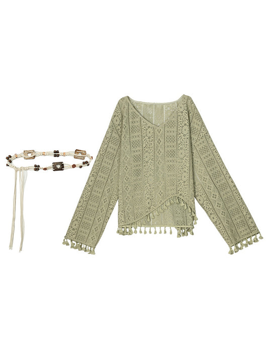 Bohemian Green V-neck Tassels Hem Top with Belt