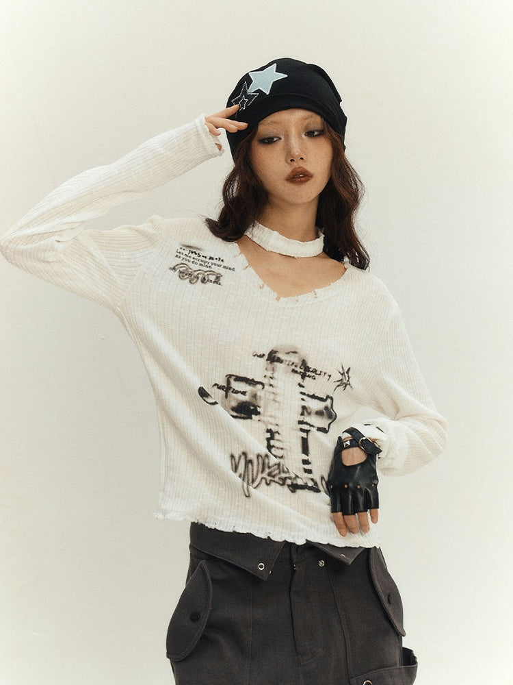 White Punk Cross V-neck Sweater with Choker