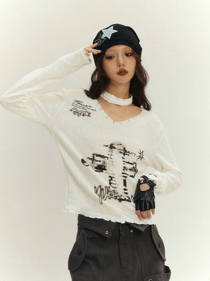 White Punk Cross V-neck Sweater with Choker