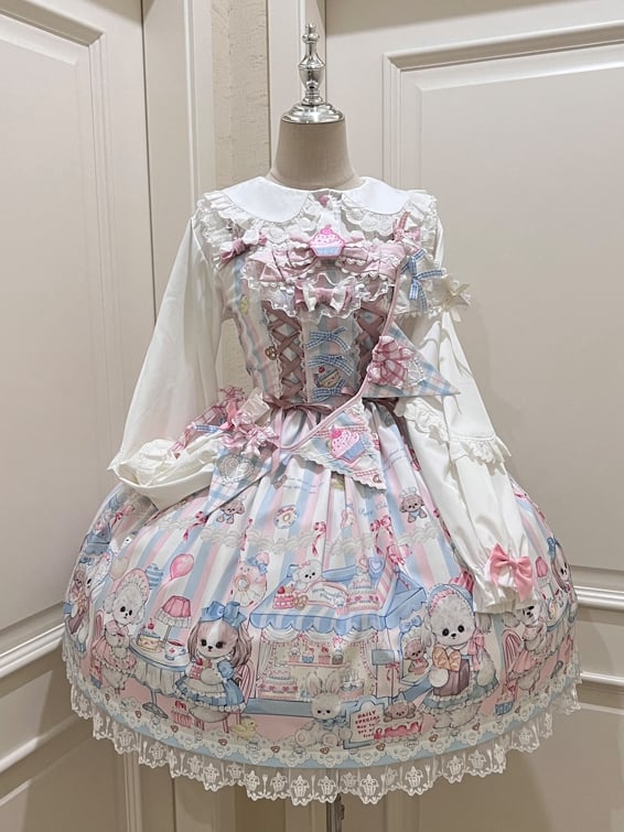 Puppy's Afternoon Tea Print Sweet Lolita Dress with Flags Ribbon