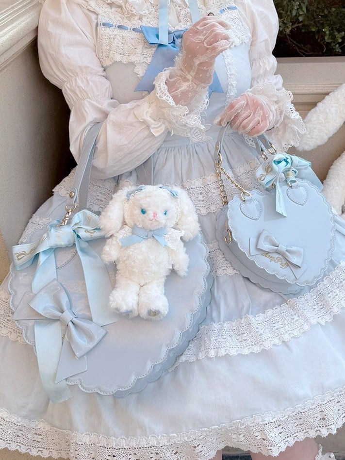 Decorative Bow & Zipper Detail PU Blue Heart Hand/Crossbody Bag in Large Size