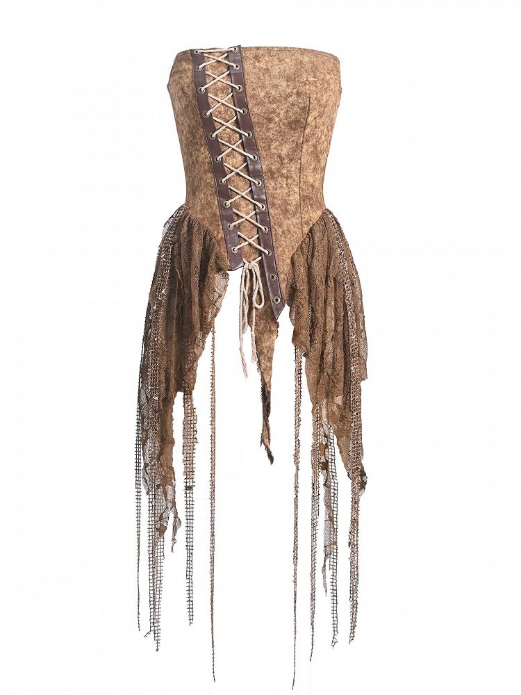 Y2K Retro Vintage Distressed Asymmetrical Denim Bustier Top – Summer Essential in Desert Dunes