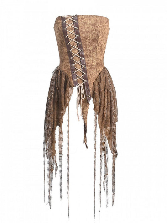 Y2K Retro Vintage Distressed Asymmetrical Denim Bustier Top – Summer Essential in Desert Dunes