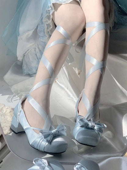 Blue Elegant Bow at Top Mary Janes With Dual Detachable Buckle Ankle Straps