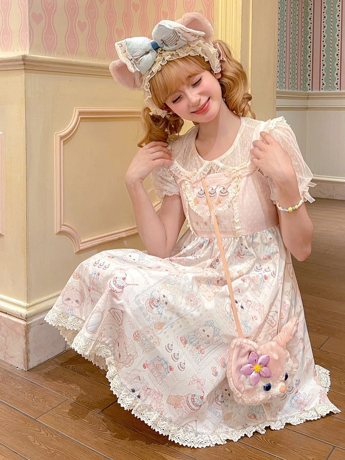 Pink Flutter Sleeves Kitten and Cake Print Sweet Lolita Dress Jumper Skirt