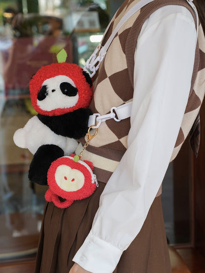 Cute Panda Plush Backpack/Crossbody Bag + Apple Hat + Apple Backpack Keychain