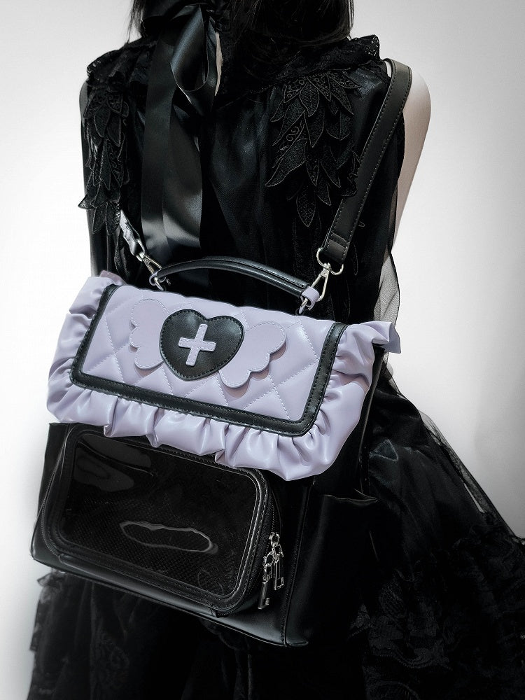 Black & Purple Jirai Kei Ita Bag with Heart and Angel Wing Accents