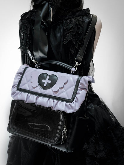 Black & Purple Jirai Kei Ita Bag with Heart and Angel Wing Accents