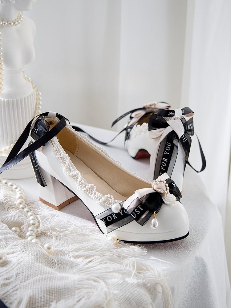 White Beaded Decorated Heart Design Bow at Top 5CM Block Heels Lolita Shoes