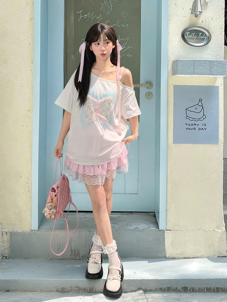 Sequins Decorated Butterfly Lace-up Detail White Asymmetrical Neckline T-shirt