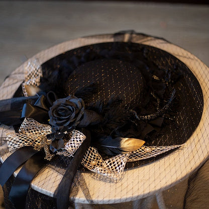 Black Floral Bowknot Feather Decorated Halloween Gothic Hat with Veil