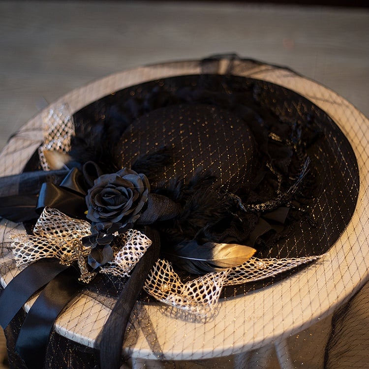Black Floral Bowknot Feather Decorated Halloween Gothic Hat with Veil