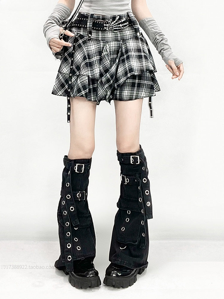 Black & White Plaid Handkerchief Hem Skirt + Buckle Straps Leg Warmers