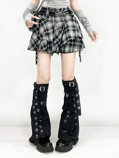 Black & White Plaid Handkerchief Hem Skirt + Buckle Straps Leg Warmers