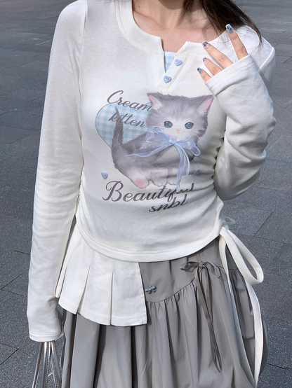 Adorable Cartoon Kitty Print Sweetheart Button Details White Faux Two-pieces Top