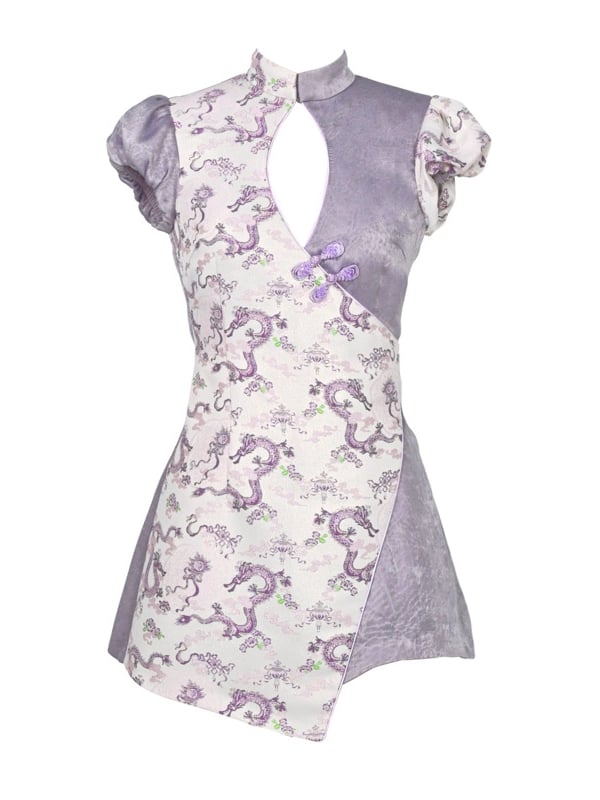 Purple Puff Sleeves Cutout Short Qipao Dress Shorts Lined