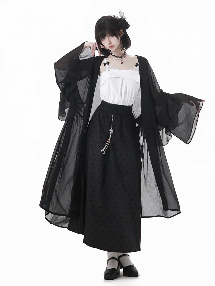 Black Elastic Waist Cheongsam Style Polka-dot Skirt with Tassel Charm