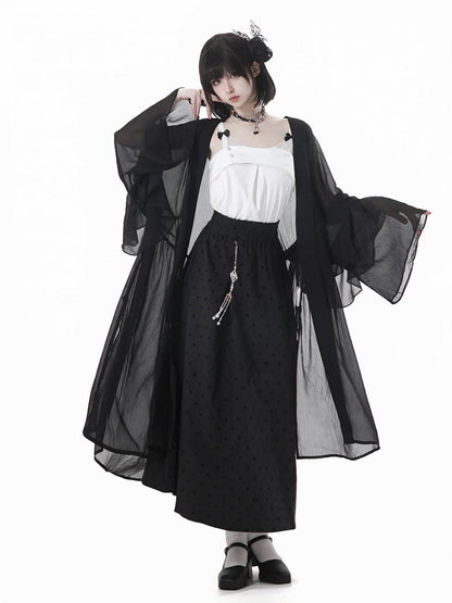 Black Elastic Waist Cheongsam Style Polka-dot Skirt with Tassel Charm