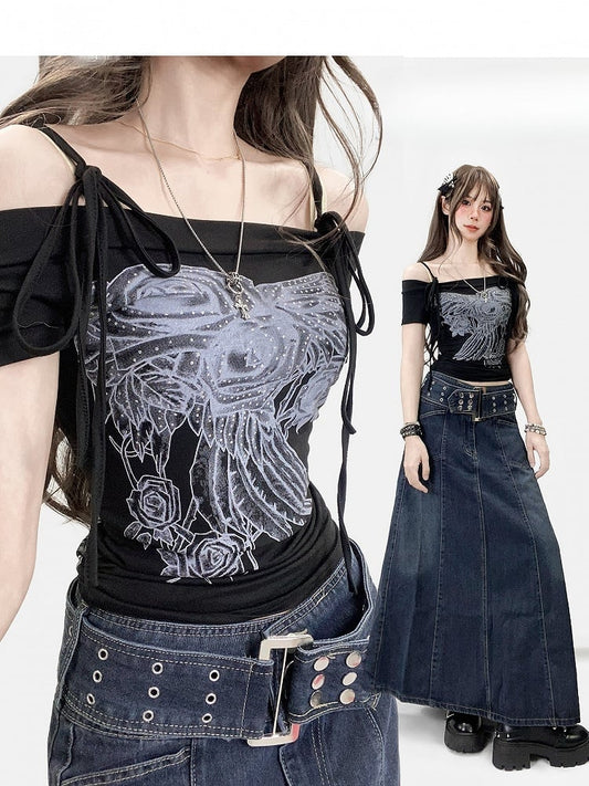 Black Y2K Rhinestone Decorated Floral Design Off-the-shoulder Neckline T-shirt