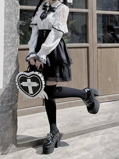 Jirai Kei Heart Backpack with Wings & Cross PU Leather in Black / Light Blue / Pink