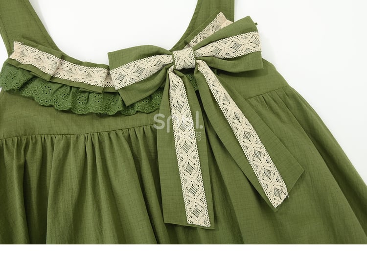 Green Ruffle Hem Sweet Overall Dress with Detachable Bowknot