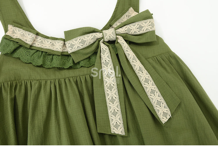 Green Ruffle Hem Sweet Overall Dress with Detachable Bowknot