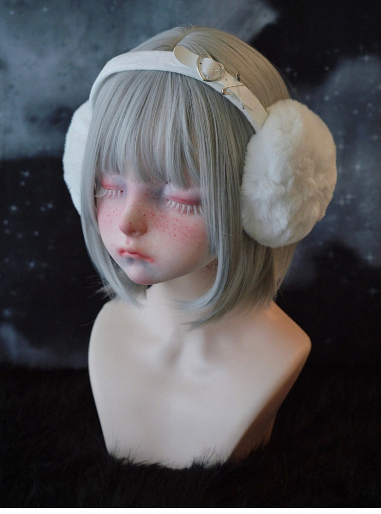 White Handmade Heart-shaped Buckle Pins Plush Earmuffs