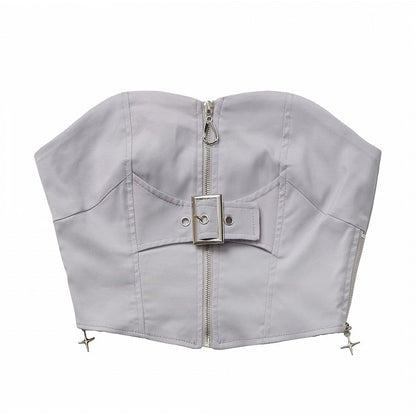 Gray Futuristic Zip and Buckle Strap Front Strapless Top