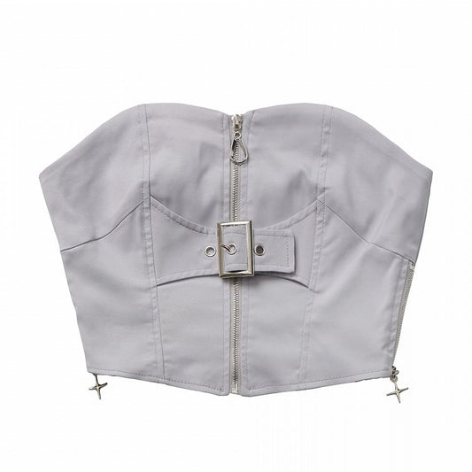 Gray Futuristic Zip and Buckle Strap Front Strapless Top