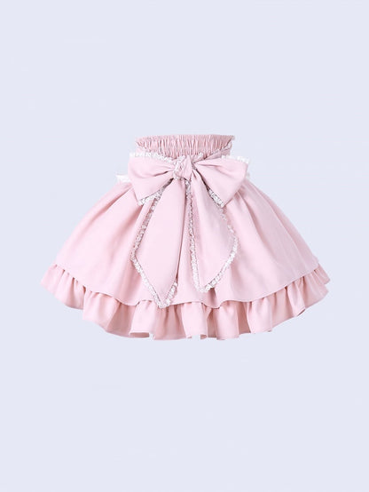 Sweet Pink Jirai Kei High Waist Layered Skirt Smocked Elastic and Self-tie Bow Back