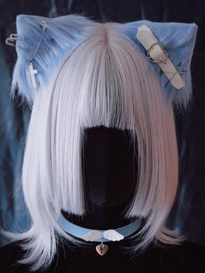 Pins and PU Buckle Blue and White Asymmetrical Kitty Ears Hairclips